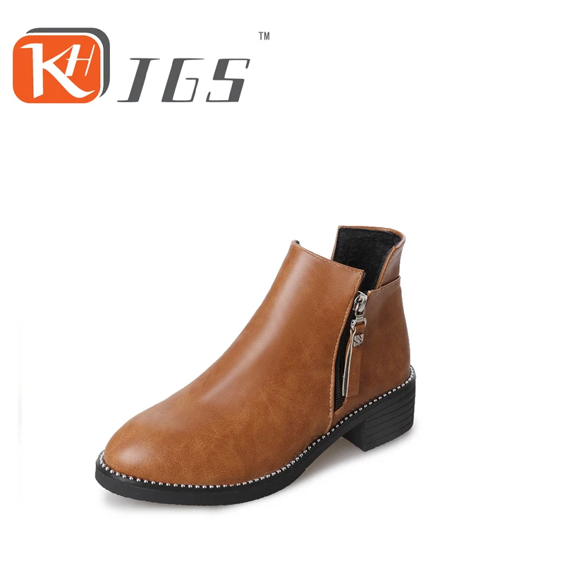 

KHJGS 2017 Genuine Leather Women Ankle Boots Winter Block High Heel Shoes Leather Boots Pointed Toe Autumn Boots Women