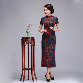 

Printed Elegant Short Sleeve Cheongsam Traditional Oriental Women Long Slim Qipao High Quality Silk Chinese Dress Oversize 3XL