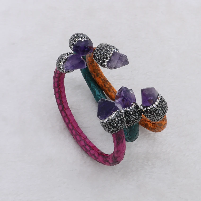 4 шт., браслет из Натуральной Змеиной кожи, браслет из натуральной кожи и натурального фиолетового камня, регулируемый браслет для женщин 740