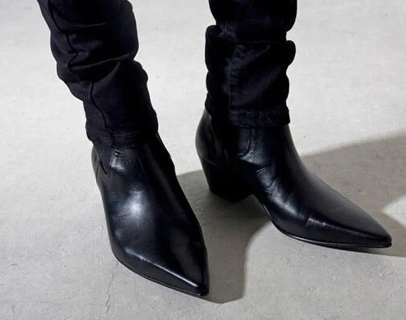 Настоящая кожа короткие дизайнер синий ботильоны полнозернистая острый носок настоящая мода молния мужские сапоги на высоком каблуке осень черный обувь мужская удобные удобная высокие сверху