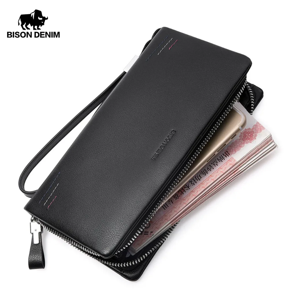 BISON DENIM Men Wallets Genuine Leather Long Purse For Men Zipper Large ...