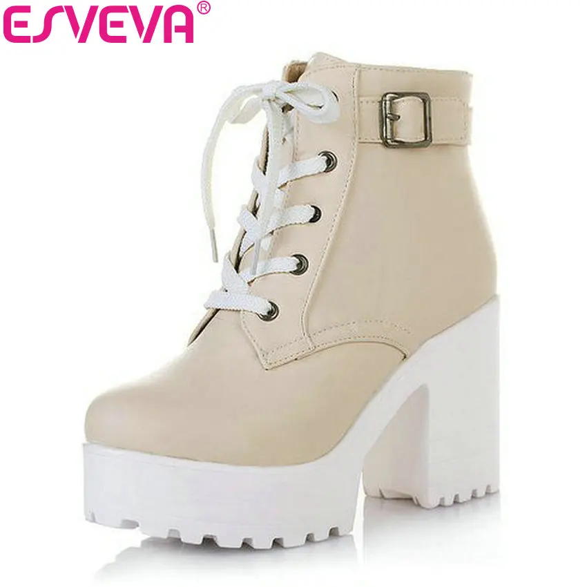 Achat ESVEVA 3 Couleur D hiver Dentelle Up Sexy Femmes Bottes De Mode Plate Forme punk haute talons carrés Noir Boucle Cheville bottes plus la Taille 34 43