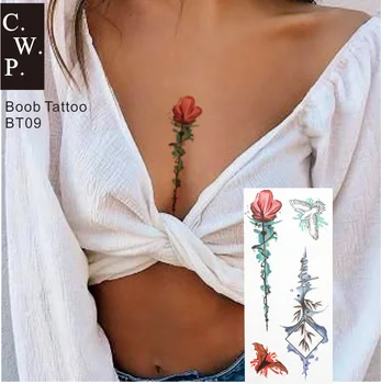 

BT09 1 PIECE Under Breast Flash Gold and Silver Sternum Temporary Tattoo with Lotus,Elephant, Butterfly Pattern Body Art
