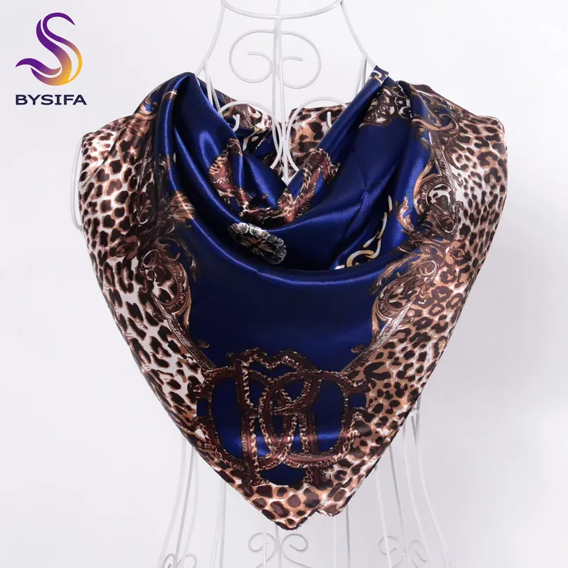 leopard blue coffee Элегантный женский большой квадратный шелковый шарф с принтом, 90*90 см, модный весенний и осенний серый и фиолетовый Шелковый шарф из полиэстера, шаль - Цвет: leopard blue coffee