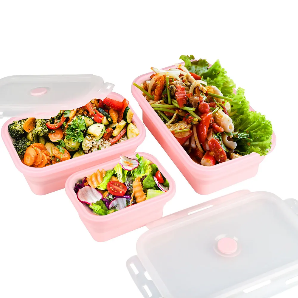 Силиконовый складной Ланч-бокс, контейнер для хранения еды, Bento BPA Free, Microwavable, портативный, для пикника, кемпинга, прямоугольная, открытая коробка