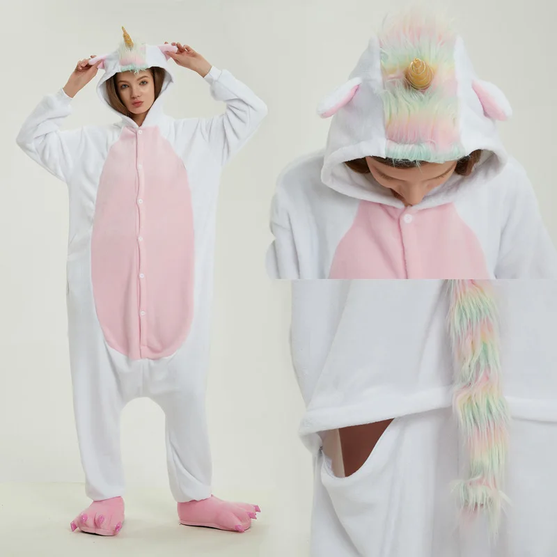 Зимние пижамы в виде животных, пижамные комплекты с единорогом, фланелевая стежка, розовая пижама с единорогом для женщин и мужчин, Пижама-комбинезон для взрослых