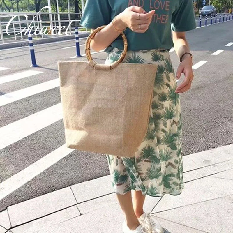 

Ins Natural Linen Large Capacity Bucket Bag Round Bamboo Handle Ring Straw Bag Summer Holiday Beach Women Bags Designer Handbags