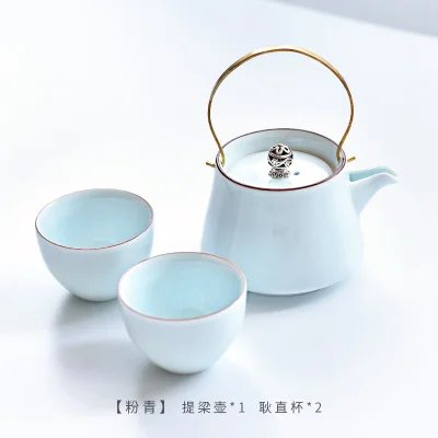Чайник Celadon с подъемной ручкой, креативный бытовой керамический чайный набор, лучший подарок для отца, подарок на день отца - Цвет: 1 pot 2 cups blue