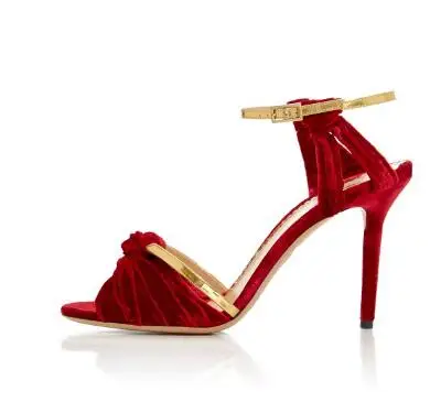 

Moraima Snc high heel fashion women sandals open toe Red and Golden Ankle Strap Sandals Suede Open Toe Stiletto Heels