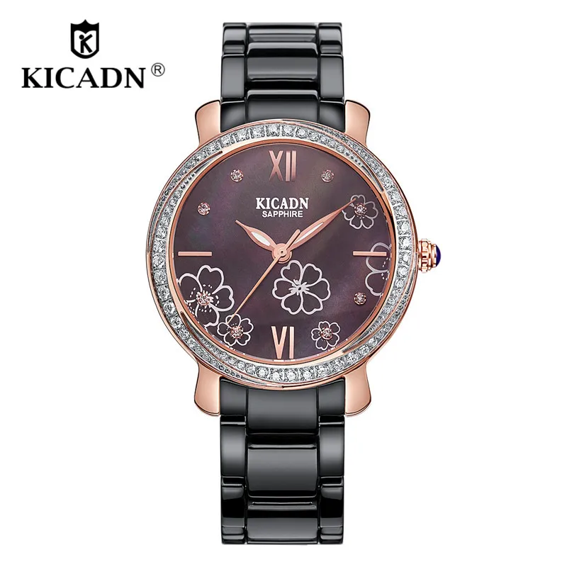 

Ladies Luxury Elegant Dress Watch Fashion Women Quartz Watches Ceramic Clock KICADN Flowers Print Dial Watches relogio feminino