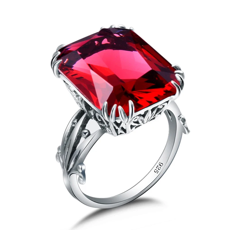 Szjinao Classic Prong Engraved Engagement Ruby Ring Flower Vine Leaf Design Solid 925 Sterling