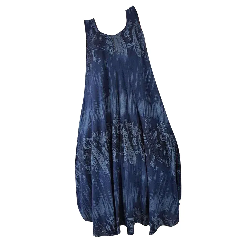 

Fashsiualy Fashion Women's O Neck Sleeveless Print Irregular Loose Dress(S-5XL) Bohemian Fresh Wave Solid Side Buttons
