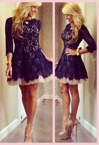 

2019 Elegant Cocktail Dresses A-line High Collar Long Sleeves Short Mini Lace Party Plus Size Homecoming Dresses