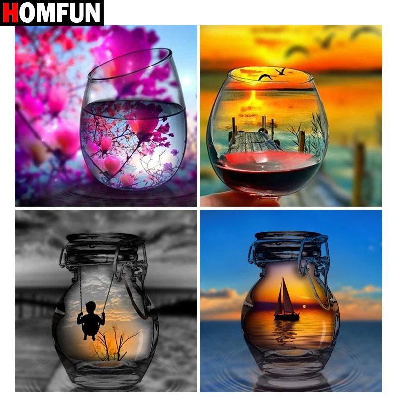 

HOMFUN 5D Diy Diamond Painting Cross Stitch "Cup sunset scenery" Home Decor Full Rhinestones Inlay Diamond Embroidery