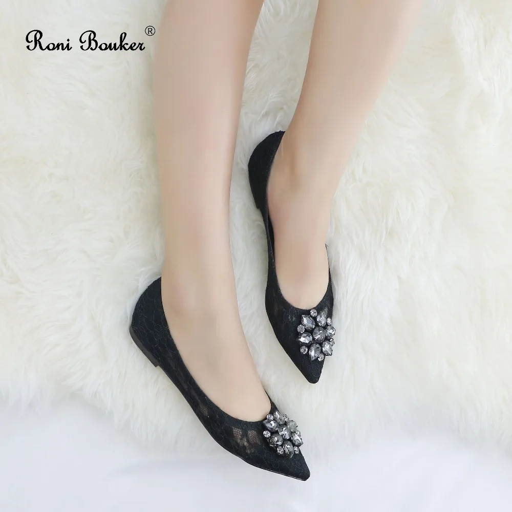 

Roni Black Pointed Toes Flats Early Spring Fashion Rhinestones Crystal Low Heel Slip-on Sandals Plus Size 41 Casual Dress Shoes