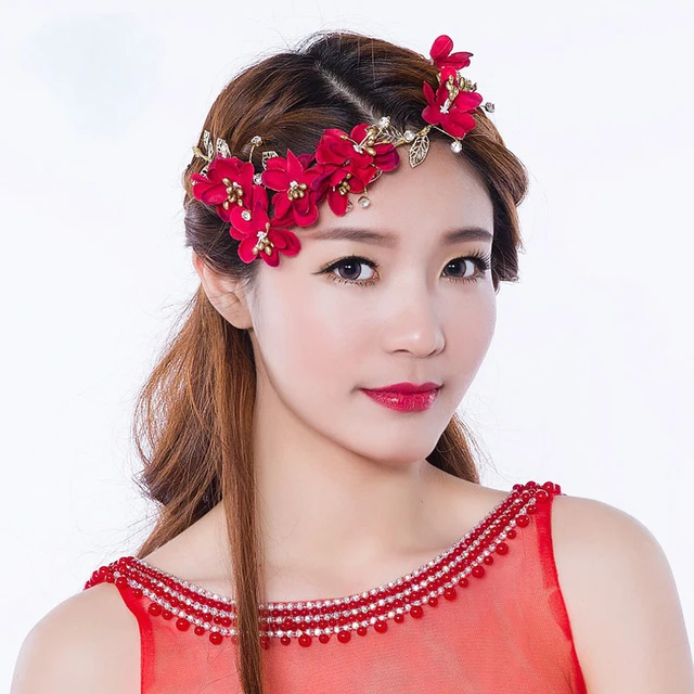 Buy Handmade Vintage Red Hair Accessories Bridal Headdress Yarn Red Flower