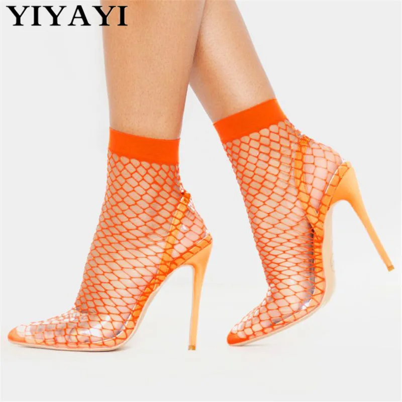 

Fashion Fishing Net Sock Sandals Women Sexy Pointed Toe Transparent Sandals Leopard Thin High Heels Sandales Femme 2019 White