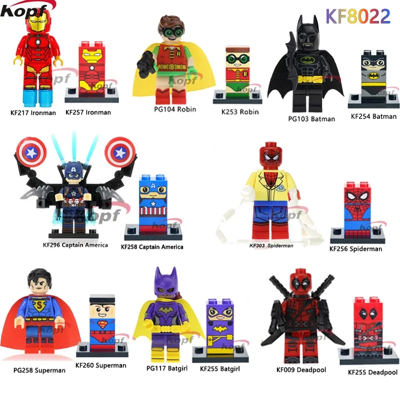 Здание Конструкторы Super Heroes Капитан Америка Бэтмен Batgirl Робин Дэдпул Супермен железный человек паук Игрушечные лошадки для детей kf8022