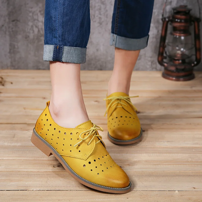 

New Shoes Woman 2017 Genuine Leather Women Brogue Shoes Solid Lace-Up Oxfords Retro Women Flats