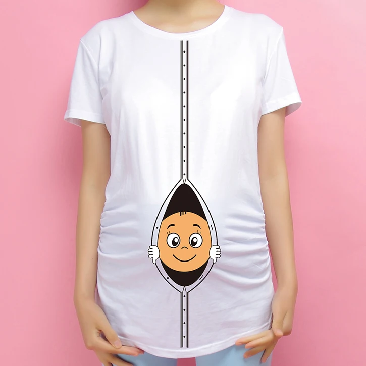 2016 New Design Funny and Cute short sleeve Casual Maternity Shirt baby peeking out Printed maternity