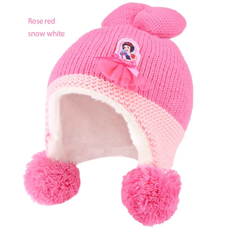 Детские шапки с Микки Дисней, осенние и зимние шерстяные шапки с добавлением шерсти, теплые детские пуловеры, детские вязаные шапки - Цвет: Rose Red Snow