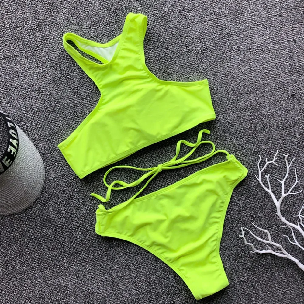 Women's Bikini SolidLeopard Set Swimsuit Two Piece Filled  Bra Swimwear Beachwear Female High Waist Bathing Suit  L10# (17)