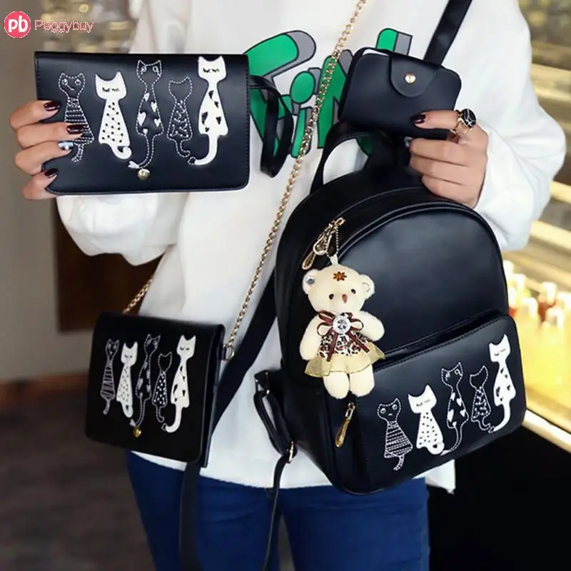 4 шт./компл. небольшие рюкзаки женские школьные сумки для девочек подростков с принтом кота из искусственной кожи Для женщин прочный каркасный рюкзак сумка кошелек сумка Mochila
