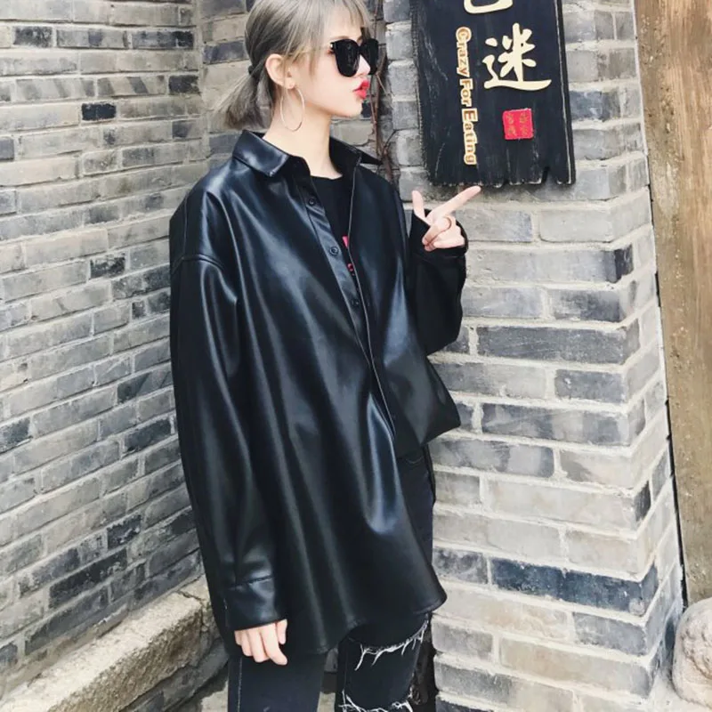 Весеннее пальто в стиле Харадзюку, Женские базовые пальто в стиле хип-хоп, черная тонкая кожаная куртка, Повседневная однобортная ветровка из искусственной кожи