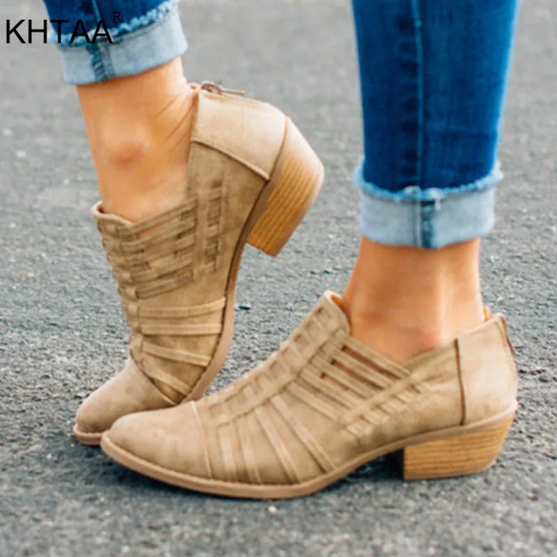 

KHTAA Women Plus Size Vintage Zip Hollow Out Autumn Shoes Female Pointed Toe Platform Thick Middle Heels Ladies Fashion Footwear