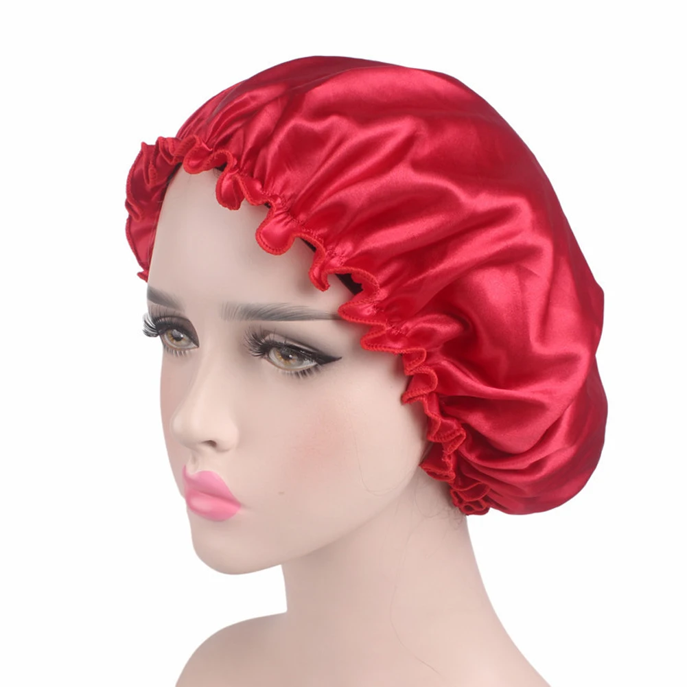 

Women Headwear Casual Hair Care Satin Night Portable Soft Sleeping Cap Flounced Bathing Chemotherapy Elastic Band Solid Salon