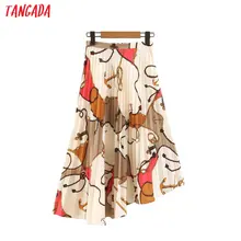 Tangada женская юбка плиссированная юбка с цепями юбка с принтом юбка с ассиметричным низом юбка с высокой талией цветная юбка шифоновая юбка миди юбка ниже колена SL90