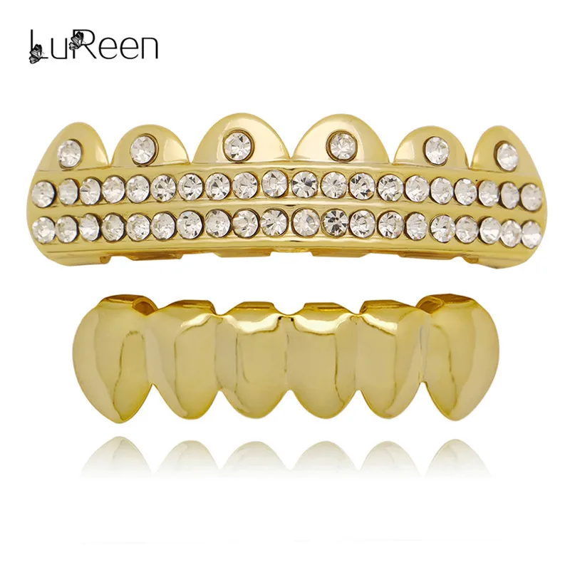 

LuReen Shiny Rhinestone Gold Teeth Grills Top&Bottom Grills Dental Caps Halloween Hiphop Tooth Grills Party Jewelry XHYT1040-2