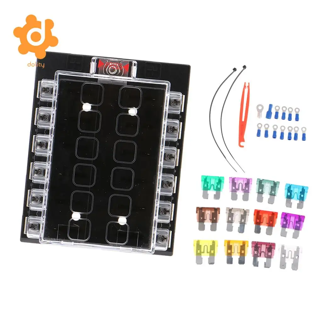 Car Boat 12V 12 Way Fuse Box Holder and Fuse with Spade Terminals Kit