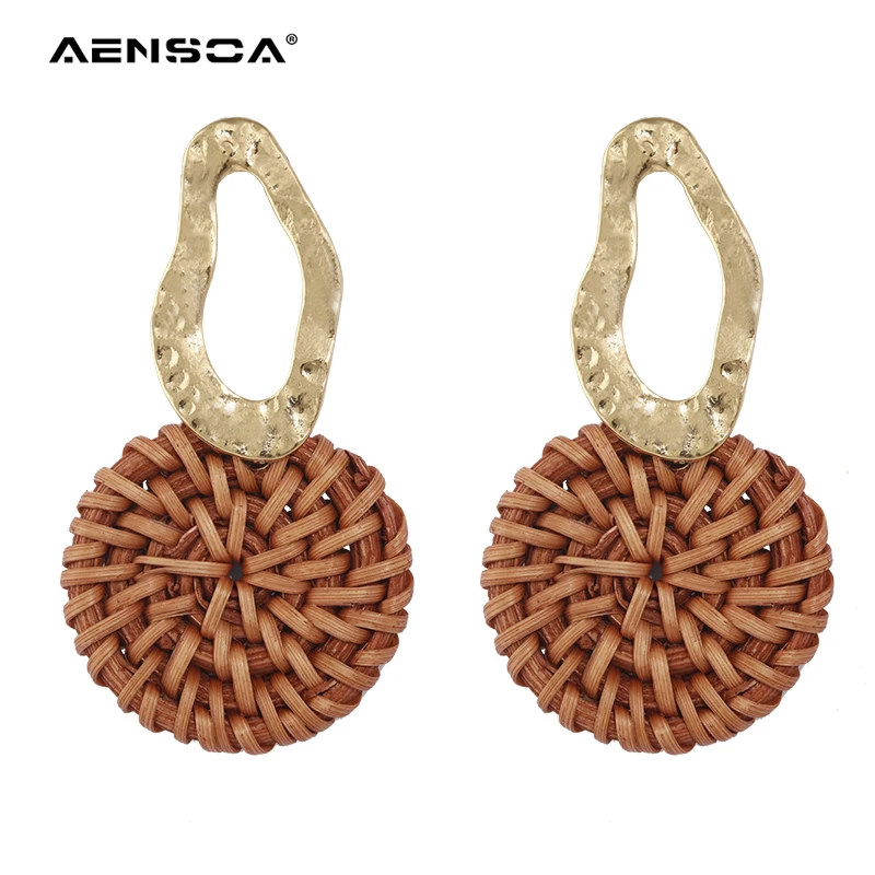 Женские плетеные висячие серьги AENSOA из ротанга круглые деревянные в
