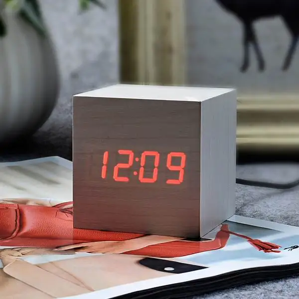 FiBiSonic деревянный светодиодный Будильник с контролем звуков температуры светодиодный электронный настольный цифровые настольные часы - Цвет: White Red