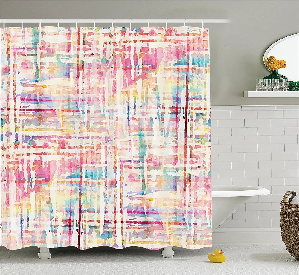 Shower Curtain Abstract Paint with Mixed Figures and Lines Artsy