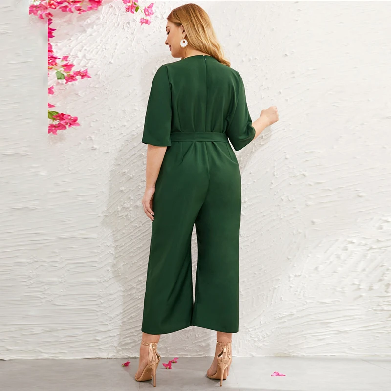 Sheinside Plus Size Green V Neck Wide Leg Jumpsuit Women Summer Zip Back Jumpsuits Office Ladies Solid Half Sleeve Jumpsuit