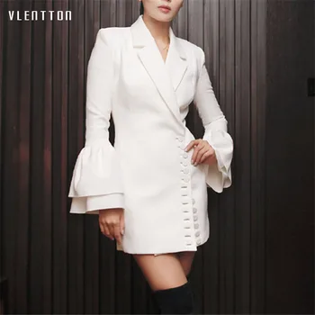 

High quality 2018 spring explosion paragraph temperament suit dress collar horn sleeves dress woman suit vestido