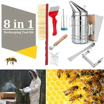 

8Pcs/Set Beekeeping Bee Hive Smoker Heat Shield Protection Scraper Fork Queen Catcher Tools Kit Accessories Beekeeping Equipment