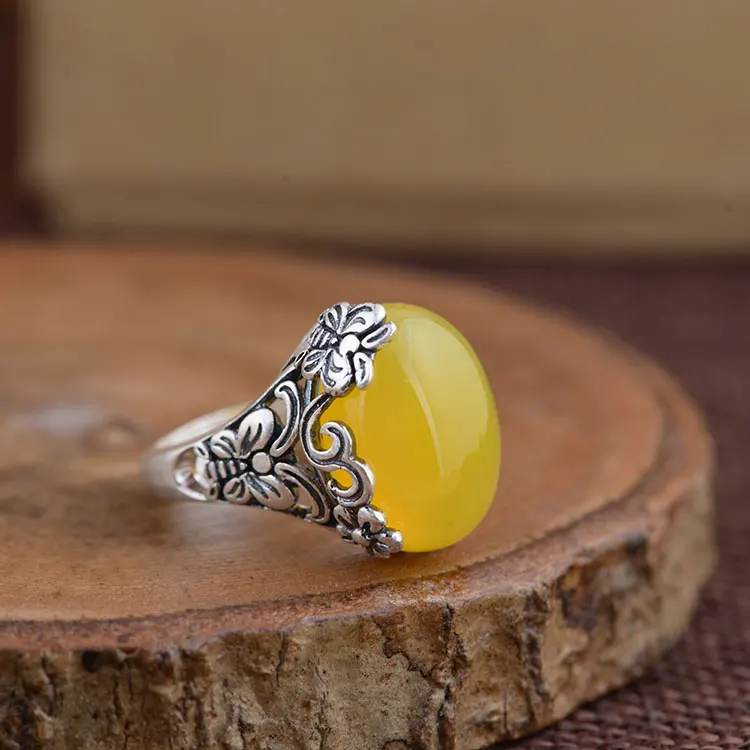 925 пробы Серебряное цветочное кольцо натуральный желтый зеленый халцедон Настоящее S925 тайское Серебряное кольцо для женщин ювелирные изделия регулируемый размер
