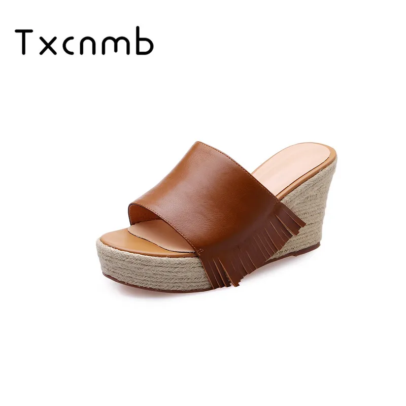 

TXCNMB Fashion Peep-toe Genuine Leather Shoes Woman Sandals wedges High Heels Flip Flops Womens Summer Flowers Ladies Slippers