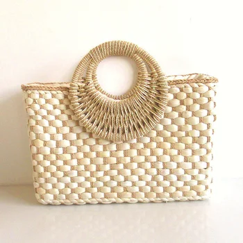 

Euro-American Pastoral Style Hand-woven Large Square Handbag Round Handle Straw Bag Tote for Women