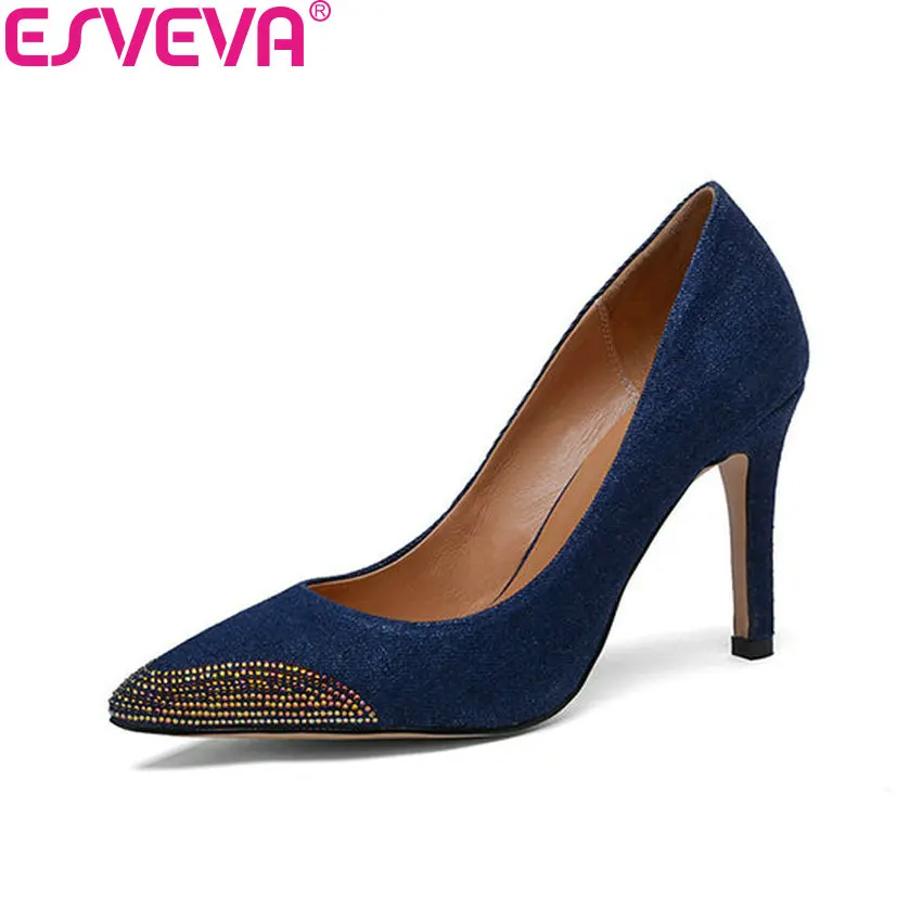 

ESVEVA 2018 Women Pumps Decoration Crystal Shoes Denim Slip on Thin High Heels Sexy Pointed Toe Shoes for Women Size 34-39