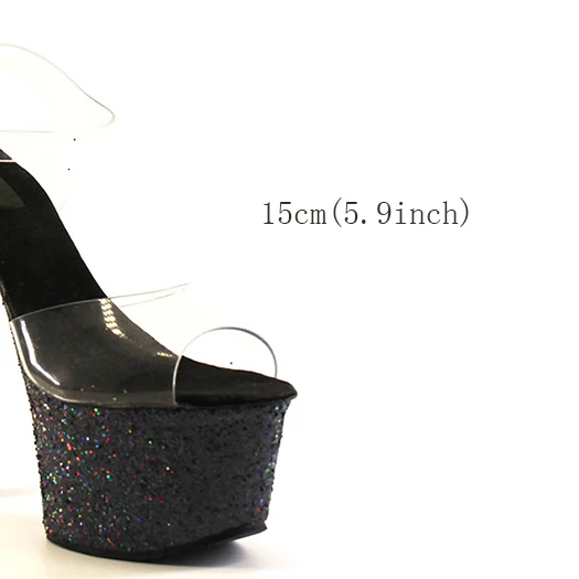 Туфли-лодочки на платформе; босоножки из ПВХ на очень высоком каблуке-шпильке с блестками и ремешком на щиколотке; обувь для стриптиза в готическом стиле; Женская Блестящая прозрачная обувь черного цвета - Цвет: black 15cm