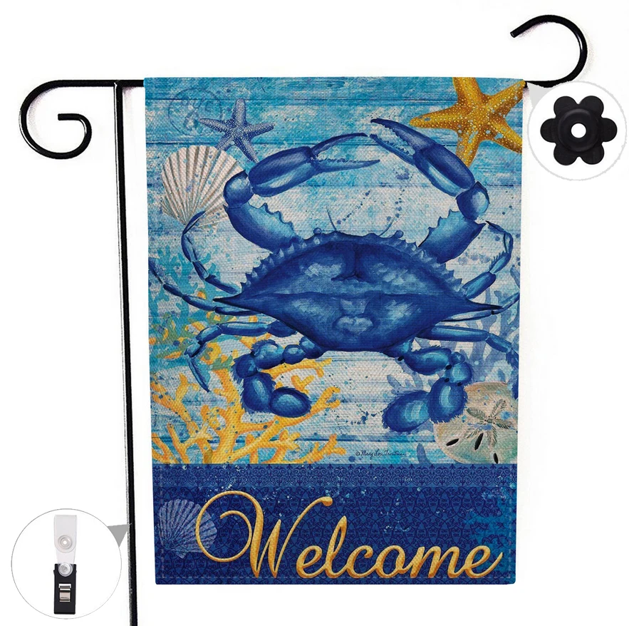 Two-sided Blue Crab Welcome Garden Flag Banner with Windproof Rubber Stopper Clip 12.5''x18.5'' 32x47cm | Дом и сад
