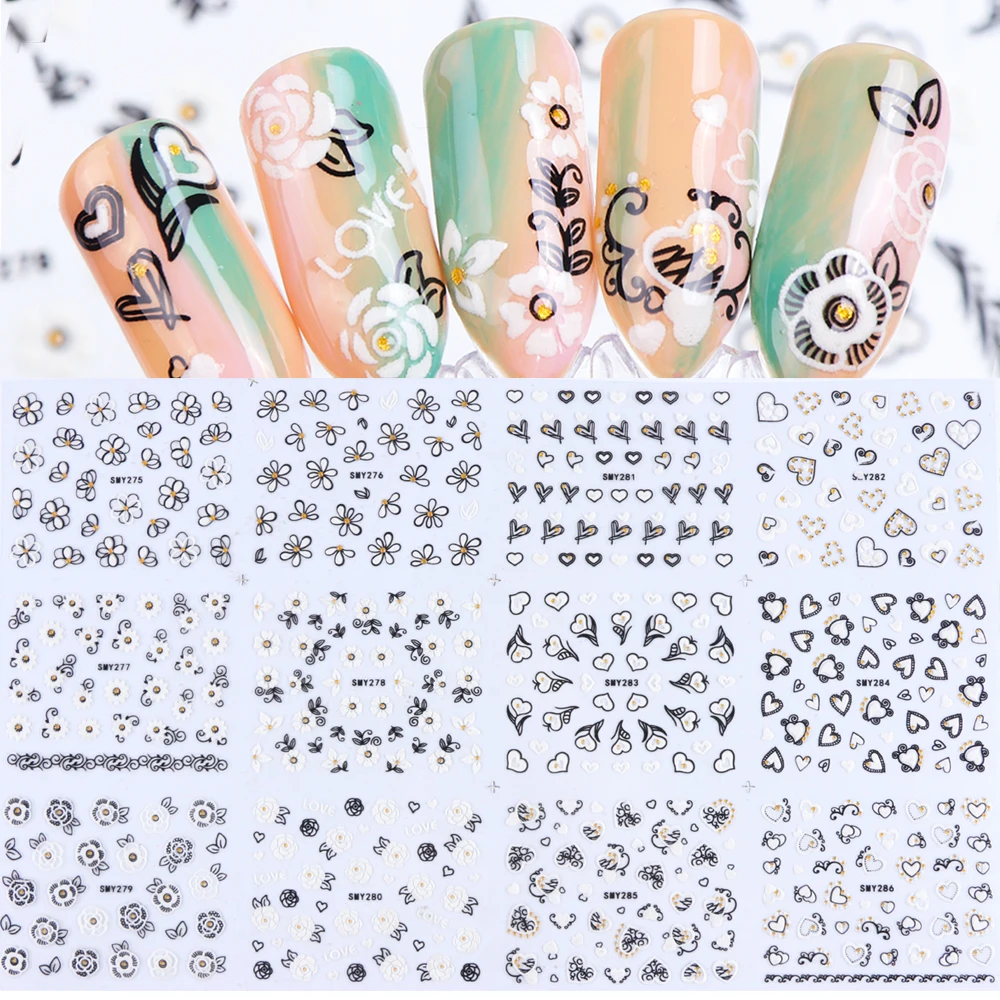 

12 Designs 3D Nail Stickers Decals Nail Art Decorations Valentine Gift Flowers Lace Image Sliders Wraps Manicure Tips Set TRSMY