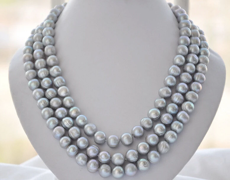 

FREE SHIPPING *******3strands 12mm gray round freshwater pearl necklace 21inch