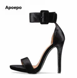 Apopeo модные бархатные Для женщин Высокие каблуки Широкий Пряжка Ремешок на щиколотке и стилет каблук Свадебная вечеринка Обувь летние