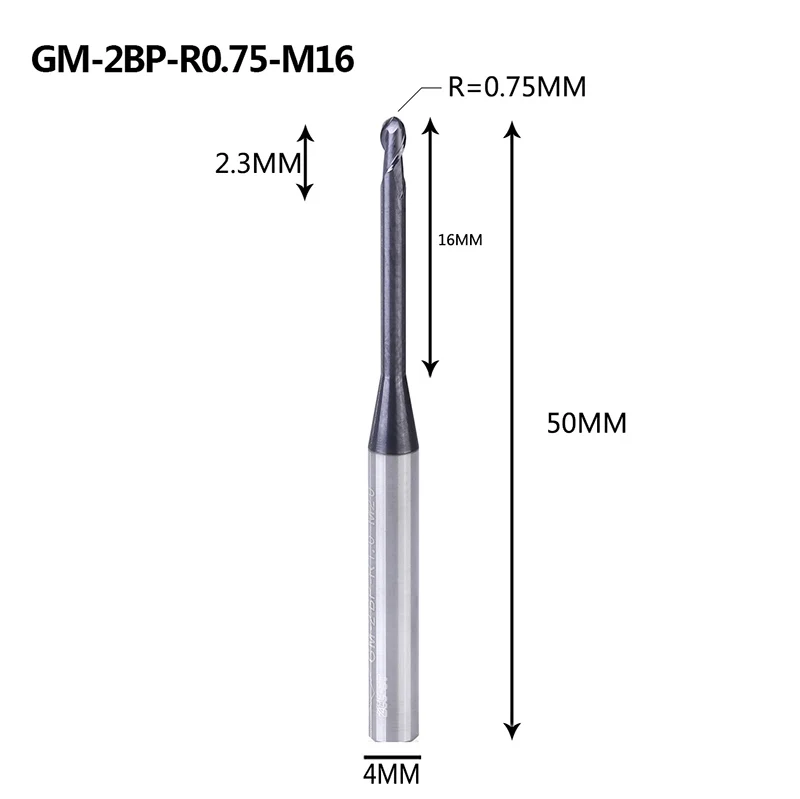 GM-2BP R0.25-0.75, Вольфрамовая сталь, 2 флейты, круглый нос, длинная шея, короткая режущая кромка, с покрытием, Концевая фреза с ЧПУ, фреза, режущие инструменты - Длина режущей кромки: GM-2BP-R0.75-M16