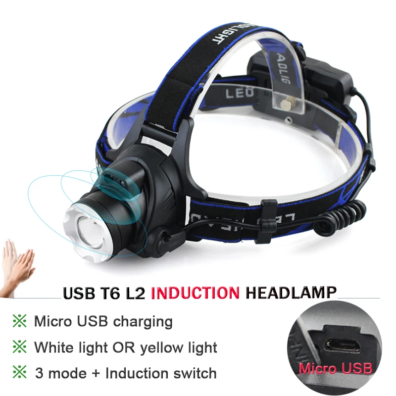 

Portable Lighting IR Sensor led Headlamp Induction Head light Micro USB 18650 Lanterna XM L2 XML T6 mining Flashlight Head Torch